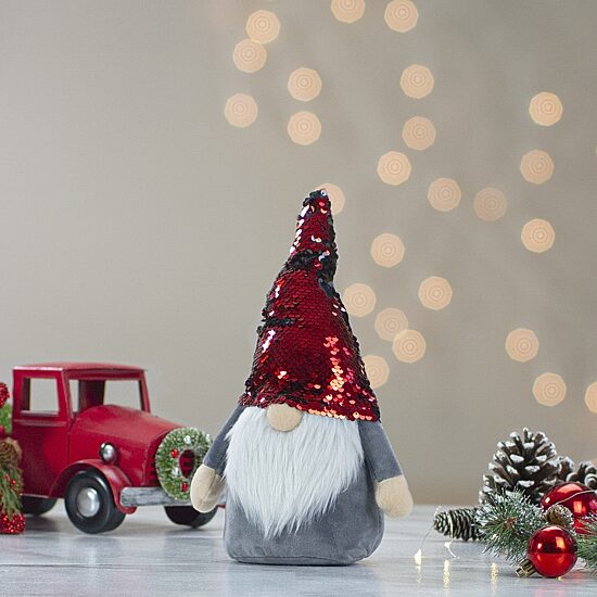 Northlight 18" Red And Gray Gnome With Flip Sequin Hat Christmas Gnome