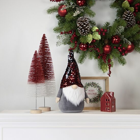 Northlight 18" Red And Gray Gnome With Flip Sequin Hat Christmas Gnome