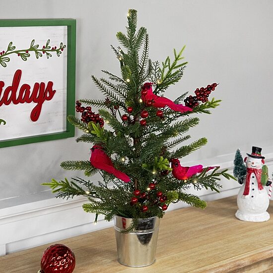 Northlight 2ft Pre Lit Led Mixed Pine With Berries And Cardinals 2 Foot Pine Christmas Tree