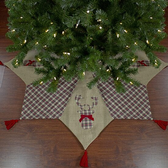 Northlight 48" Red And Brown Burlap And Plaid Reindeer With Tassels Indoor Tree Skirt