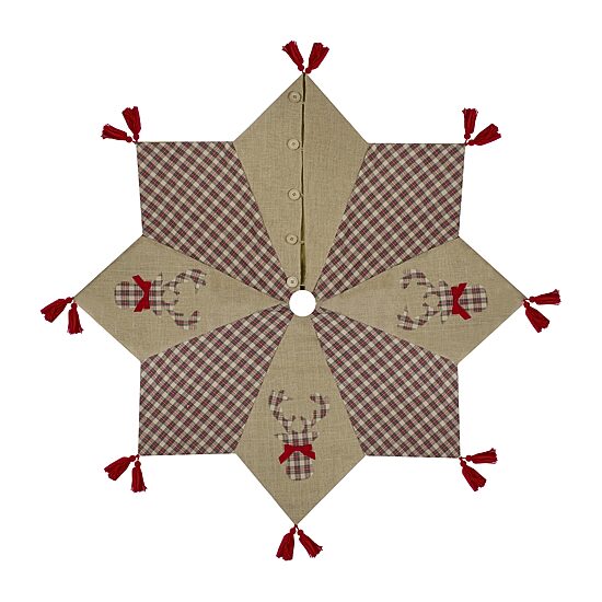 Northlight 48" Red And Brown Burlap And Plaid Reindeer With Tassels Indoor Tree Skirt
