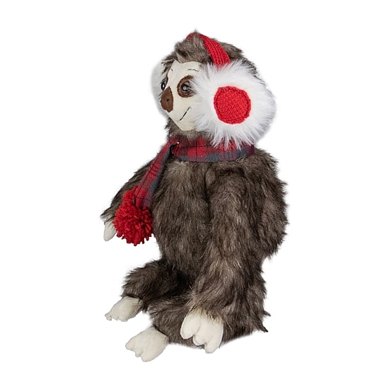 Northlight 12" Plush Sitting Winter Sloth With Plaid And Pom Pom Scarf Christmas Figurine