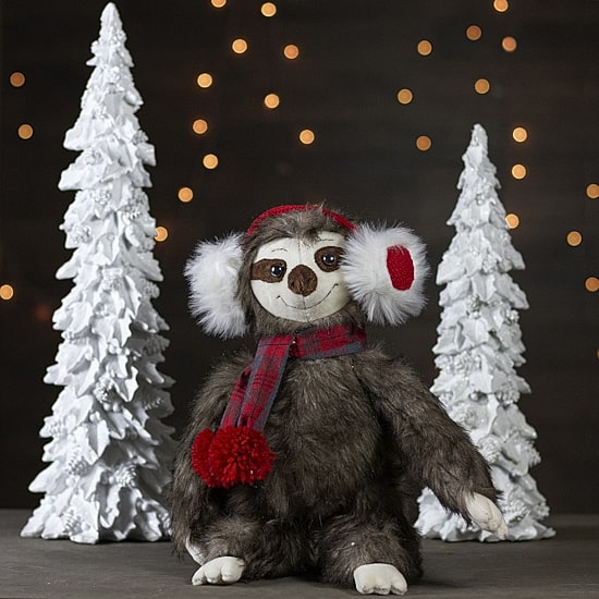 Northlight 12" Plush Sitting Winter Sloth With Plaid And Pom Pom Scarf Christmas Figurine