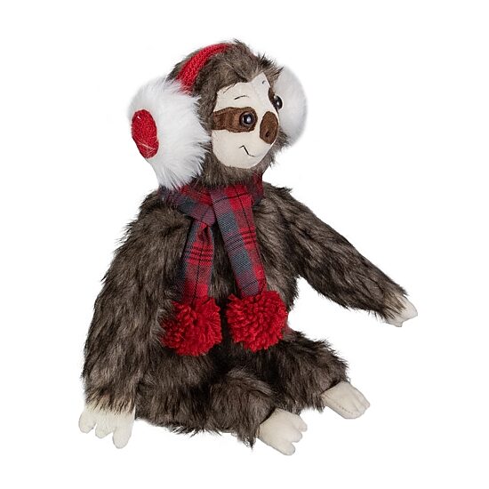 Northlight 12" Plush Sitting Winter Sloth With Plaid And Pom Pom Scarf Christmas Figurine