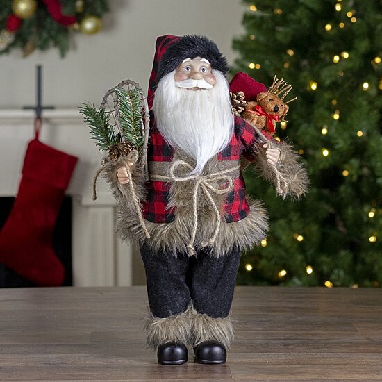 Northlight 18" Standing Santa With Snow Shoes And Bear Christmas Figurine