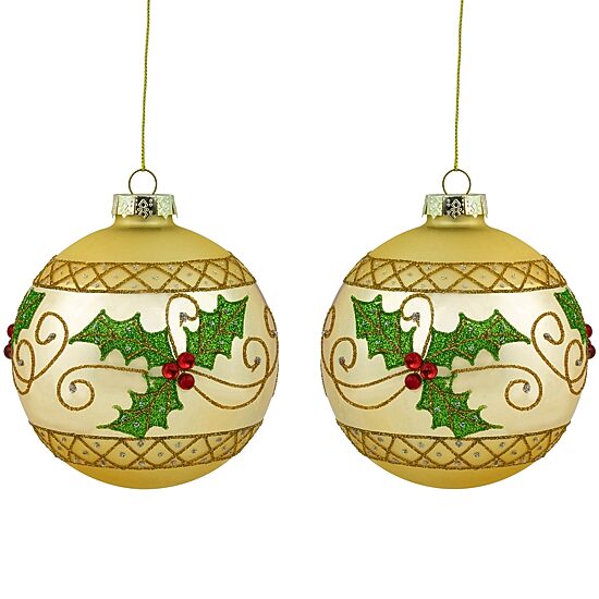 Northlight 4" Glittered Holly And Berries Glass Ball Christmas Ornament