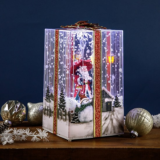 Northlight 12" Musical Santa Lighted Snowing Gift Box With Ribbon Christmas Snow Globe