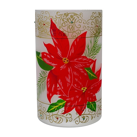 Northlight 10" Hand Painted Poinsettias And Gold Flameless Glass Candle Holder