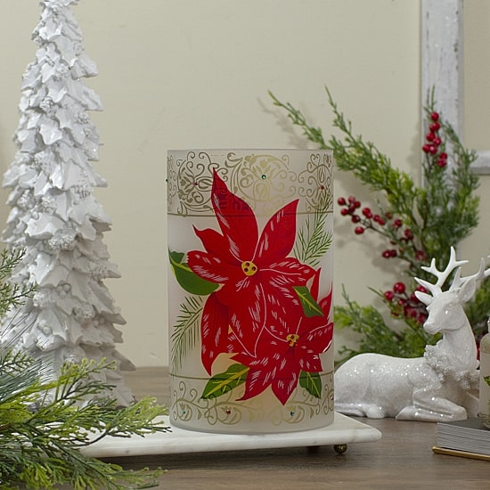 Northlight 10" Hand Painted Poinsettias And Gold Flameless Glass Candle Holder