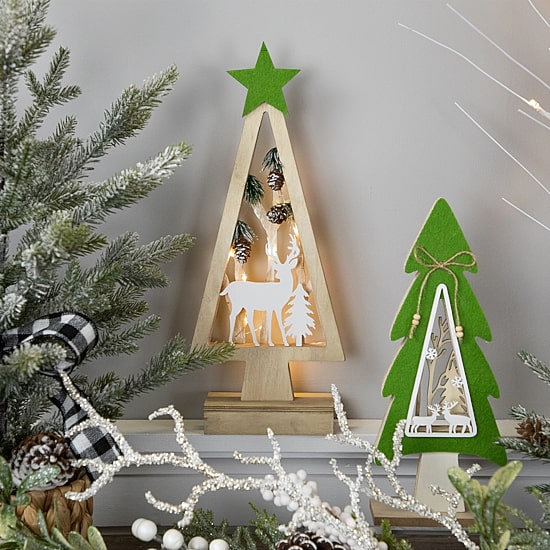 Northlight 15" Lighted Wooden Tree With Star And Reindeer Woodland Scene 1 Foot Christmas Tree