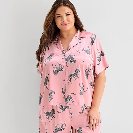 Ambrielle Womens Satin Short Sleeve 2-pc. Plus Pajama Set