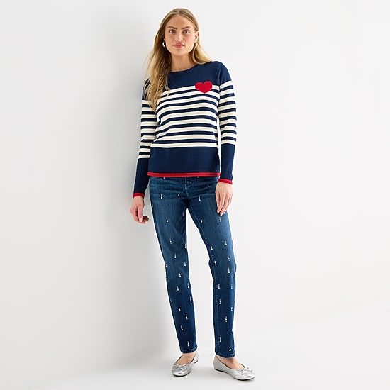 St. John's Bay Womens Crew Neck Long Sleeve Striped Cable Knit Pullover Sweater