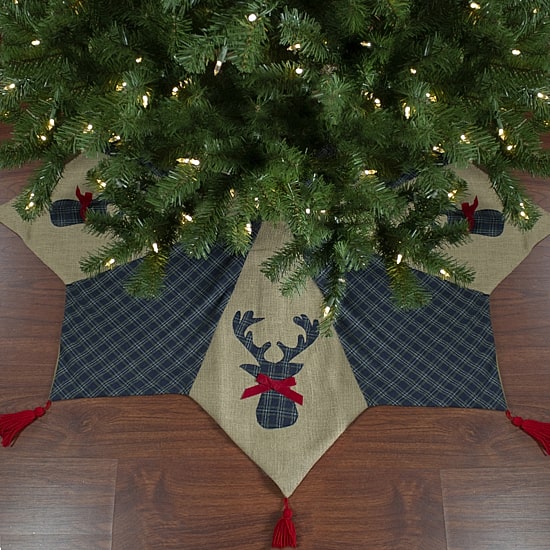 Northlight 48" Blue And Brown Burlap And Plaid Reindeer With Tassels Indoor Tree Skirt