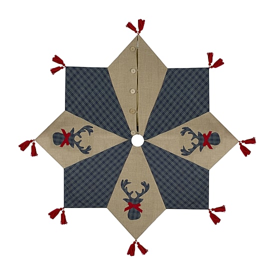 Northlight 48" Blue And Brown Burlap And Plaid Reindeer With Tassels Indoor Tree Skirt