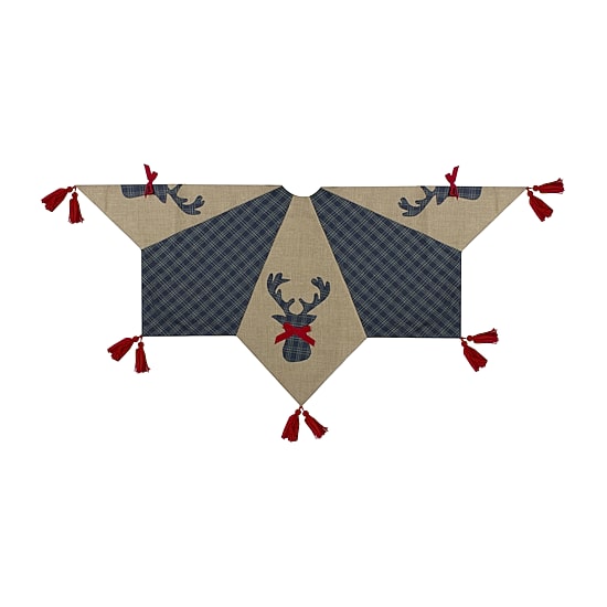 Northlight 48" Blue And Brown Burlap And Plaid Reindeer With Tassels Indoor Tree Skirt