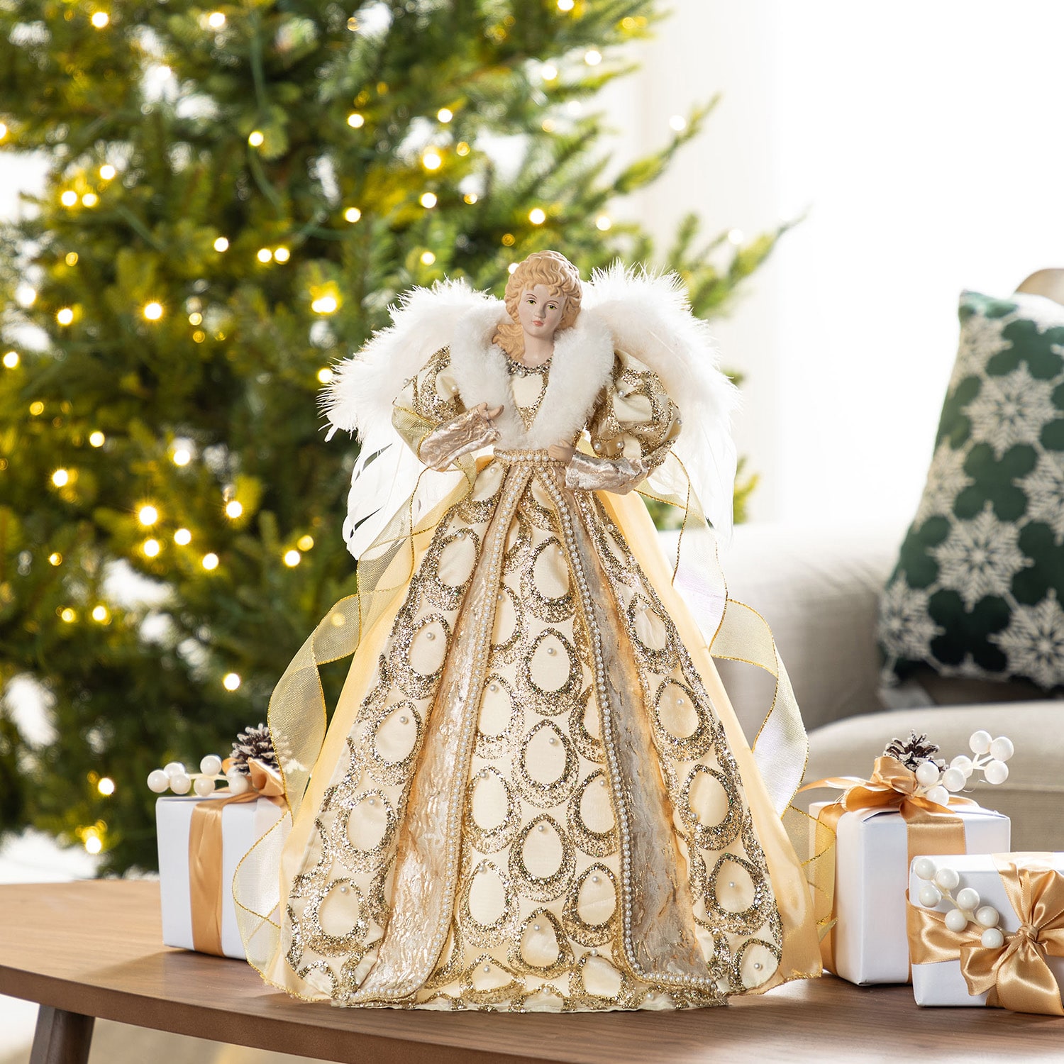Glitzhome 19"H Faux Fur & Pvc Christmas Elegant Angel Tree Topper Christmas Figurine