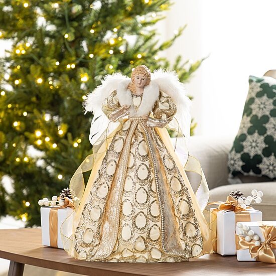 Glitzhome 19"H Faux Fur & Pvc Christmas Elegant Angel Tree Topper Christmas Figurine