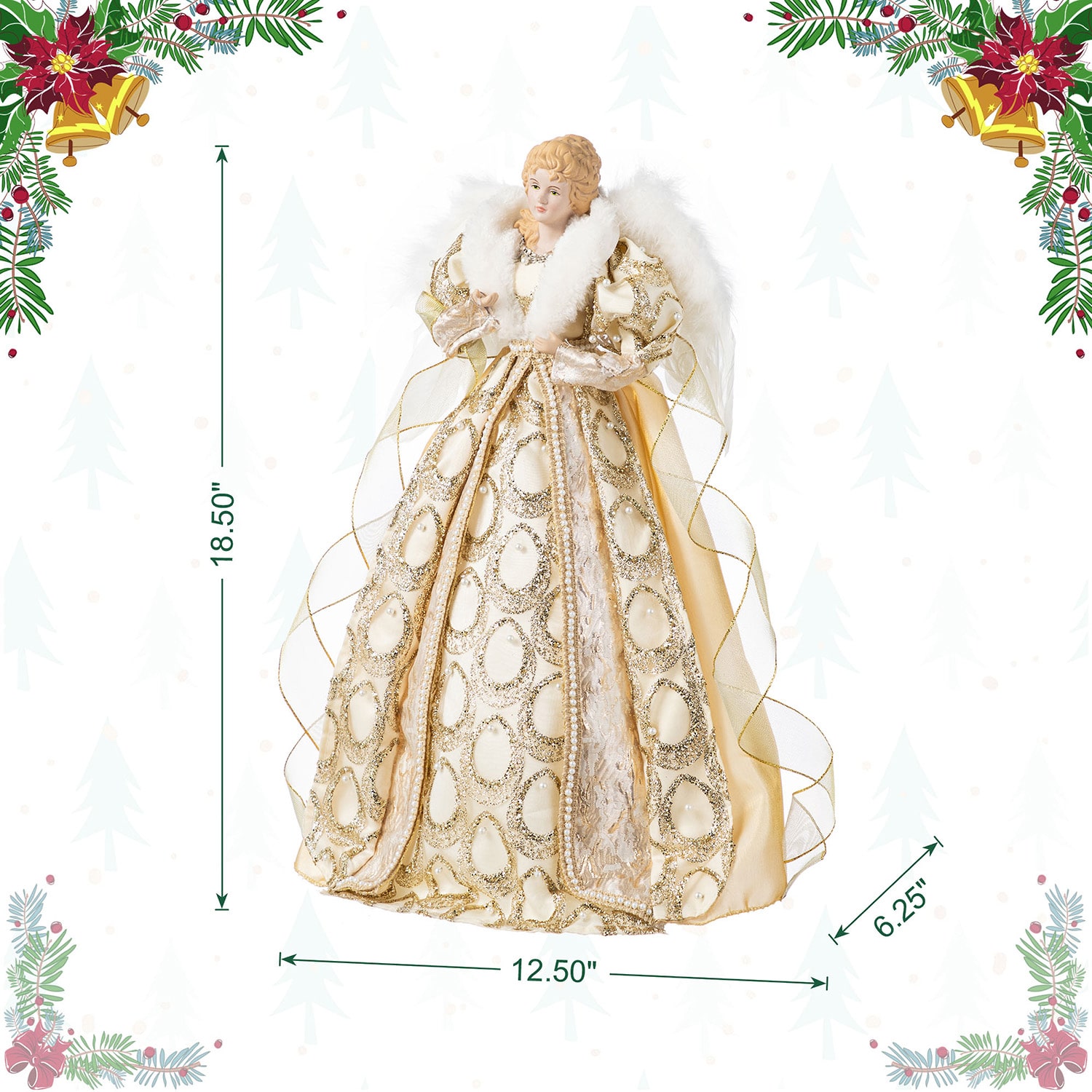 Glitzhome 19"H Faux Fur & Pvc Christmas Elegant Angel Tree Topper Christmas Figurine