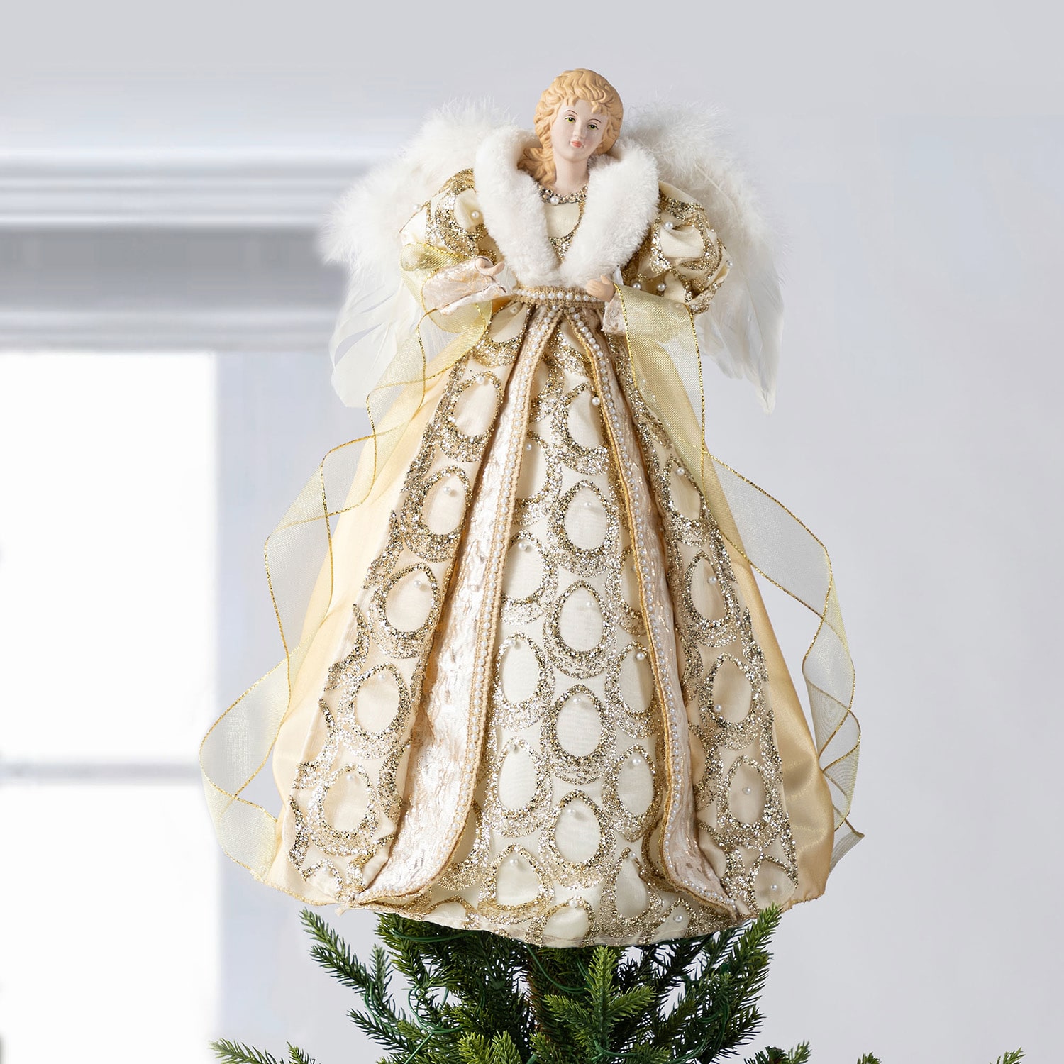 Glitzhome 19"H Faux Fur & Pvc Christmas Elegant Angel Tree Topper Christmas Figurine
