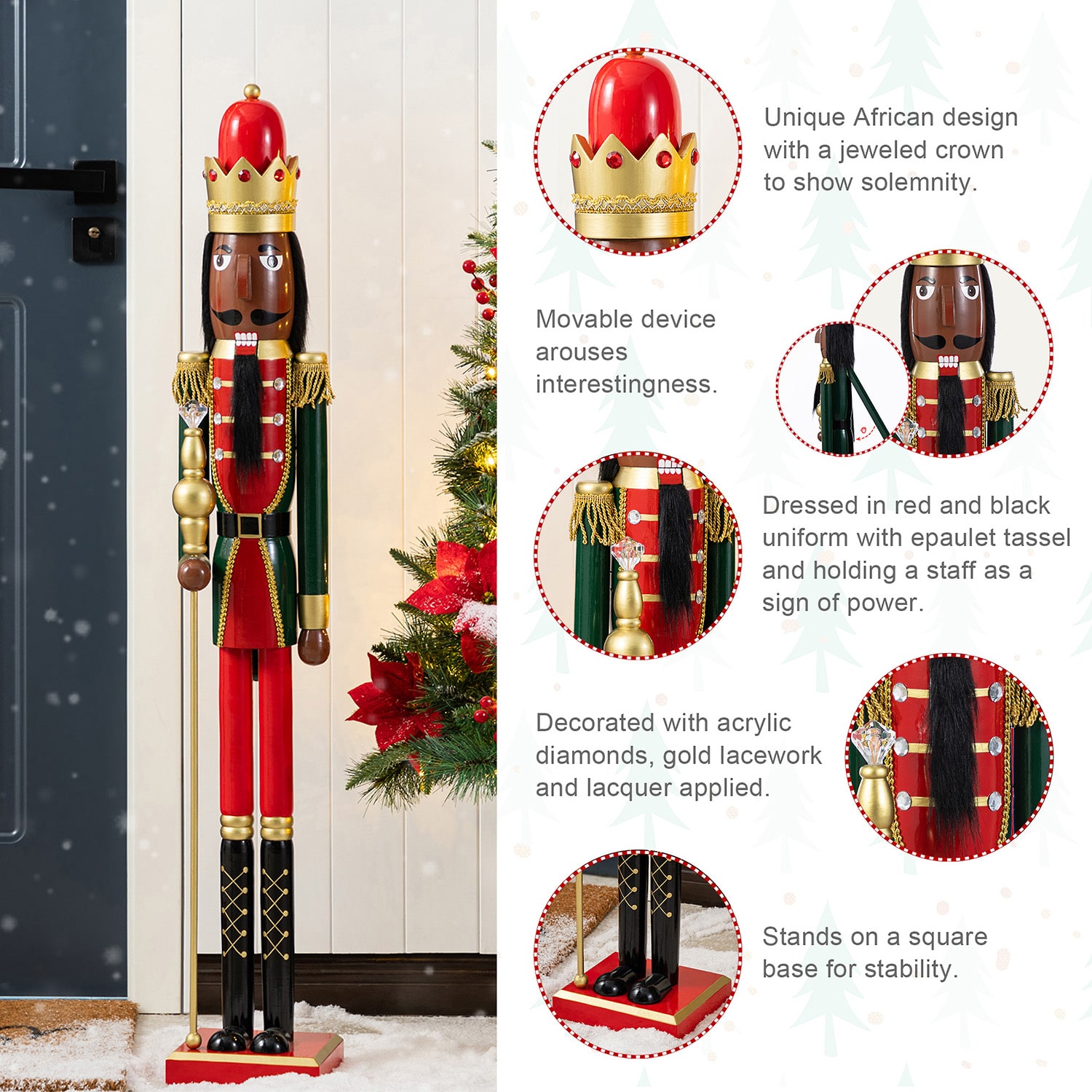 Glitzhome 42"H Wooden Christmas African King Wood Christmas Nutcracker