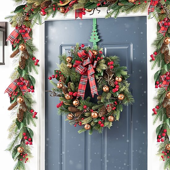 Glitzhome 24"D Christmas Bell, Pinecone & Berry Bow Wreath Floral Arrangement
