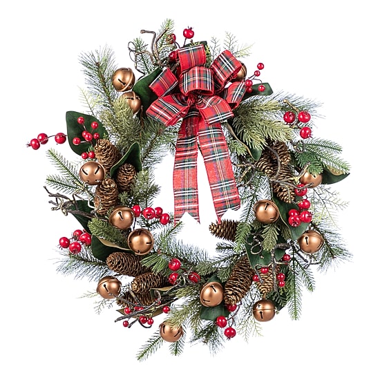 Glitzhome 24"D Christmas Bell, Pinecone & Berry Bow Wreath Floral Arrangement