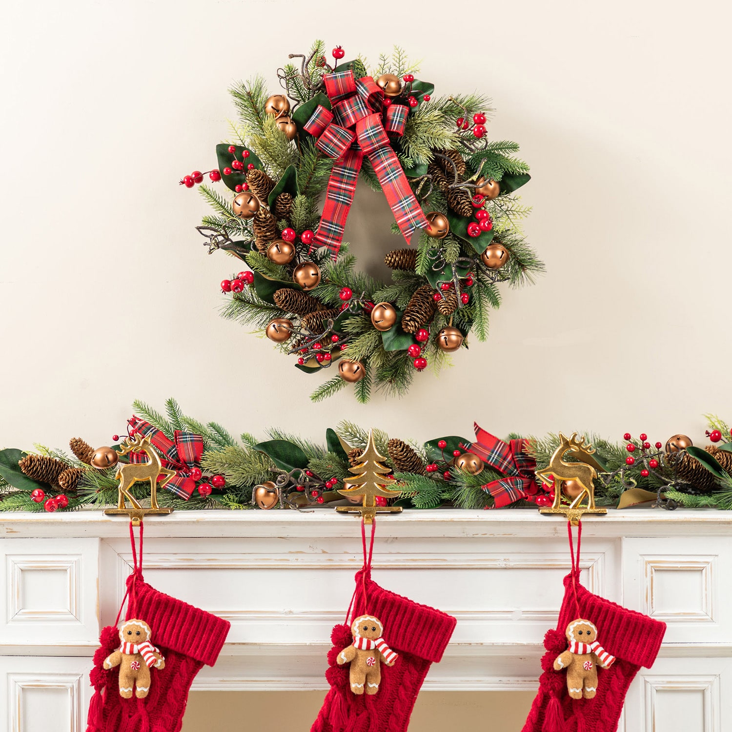 Glitzhome 24"D Christmas Bell, Pinecone & Berry Bow Wreath Floral Arrangement
