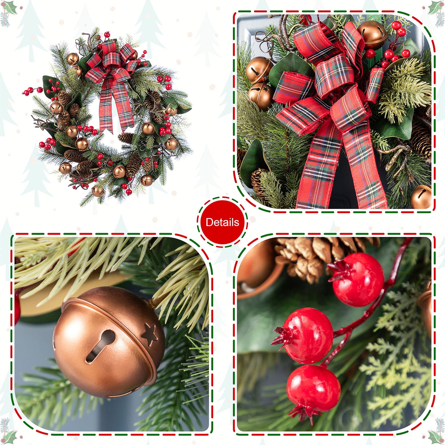 Glitzhome 24"D Christmas Bell, Pinecone & Berry Bow Wreath Floral Arrangement