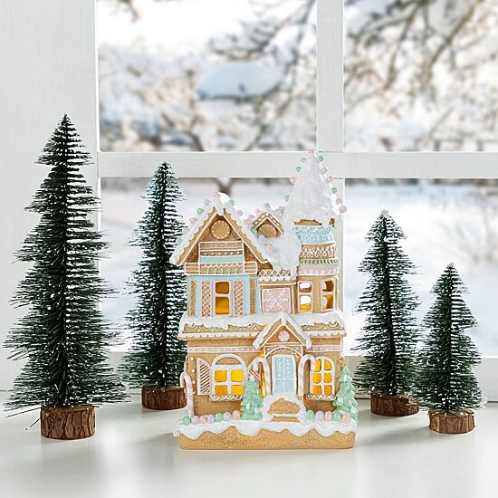 Glitzhome 12"H Christmas Macaron Resin Village Christmas Tabletop Decor