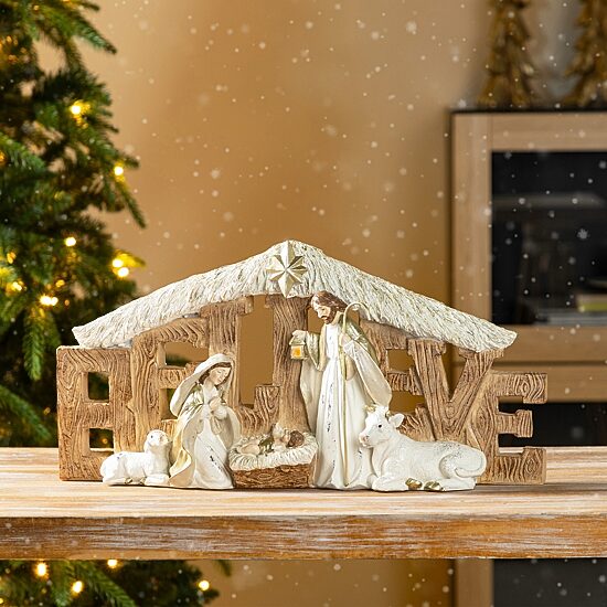 Glitzhome 12"L Resin "Believe" Holy Family Figurine Nativity Set