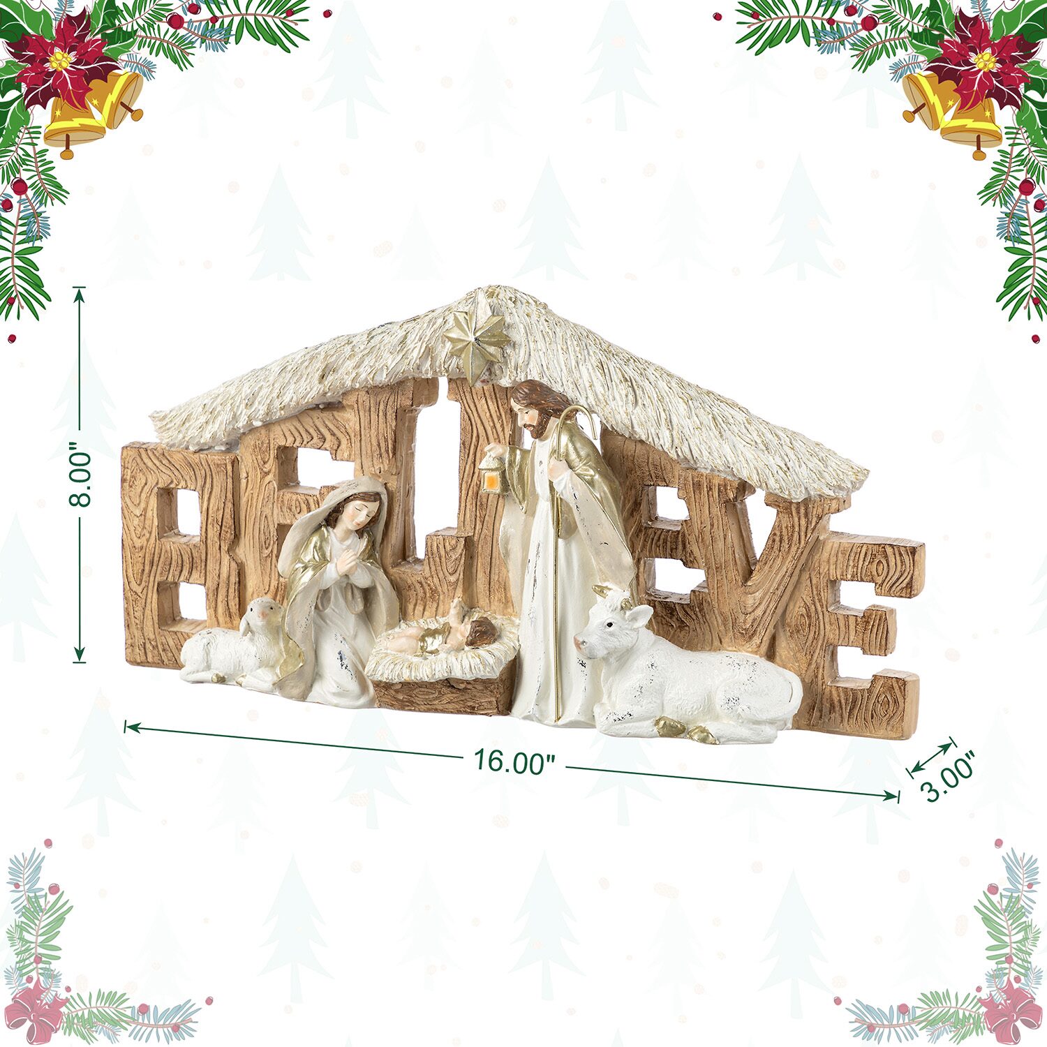 Glitzhome 12"L Resin "Believe" Holy Family Figurine Nativity Set