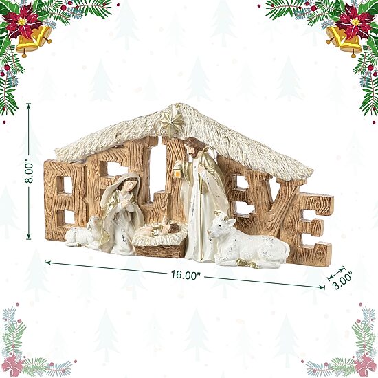 Glitzhome 12"L Resin "Believe" Holy Family Figurine Nativity Set
