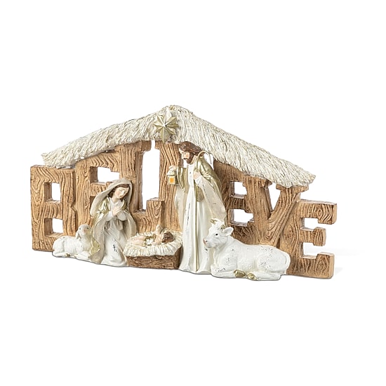 Glitzhome 12"L Resin "Believe" Holy Family Figurine Nativity Set