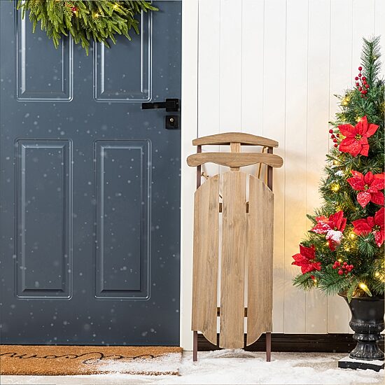Glitzhome 35"H Wooden Natural Christmas Sleigh Christmas Porch Sign