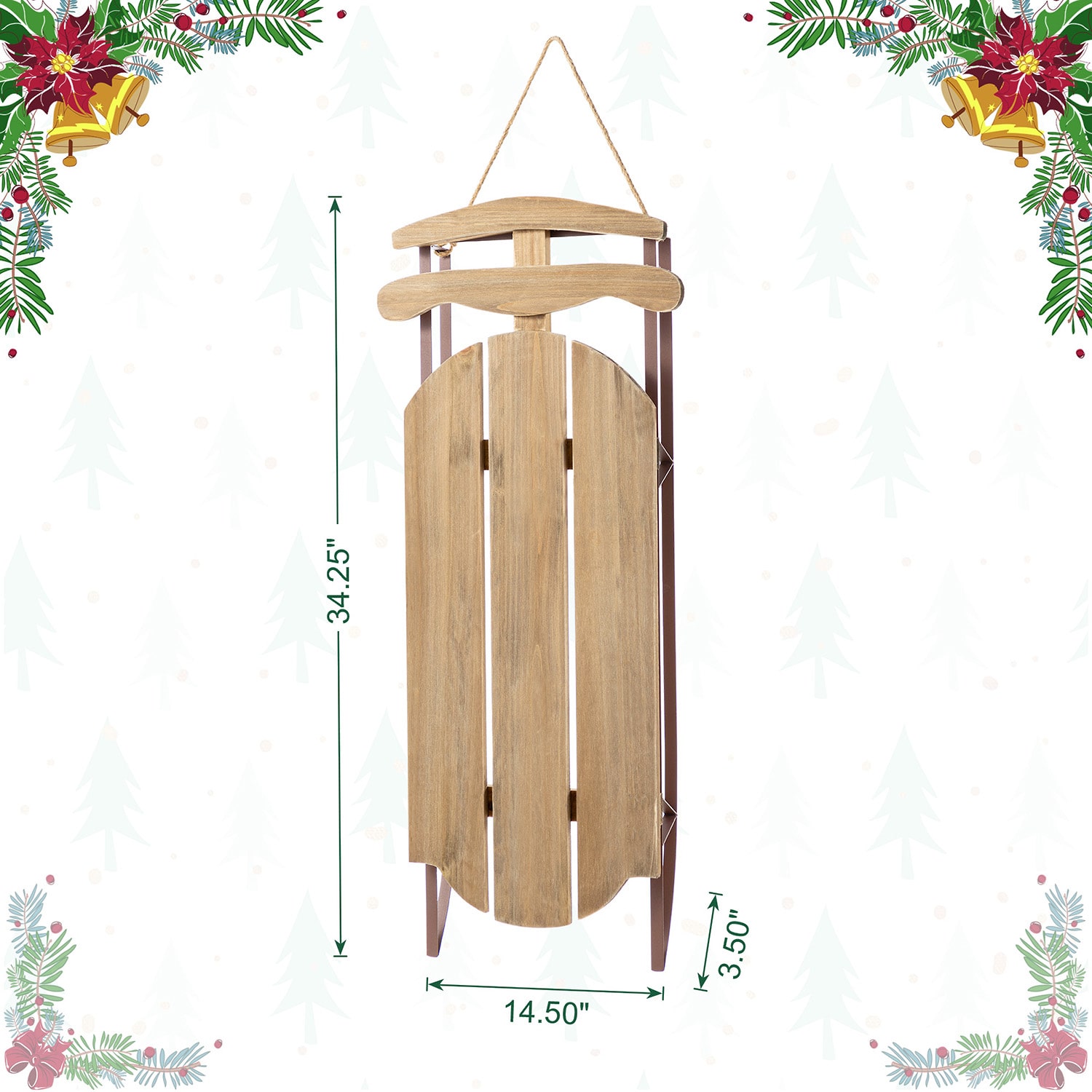 Glitzhome 35"H Wooden Natural Christmas Sleigh Christmas Porch Sign