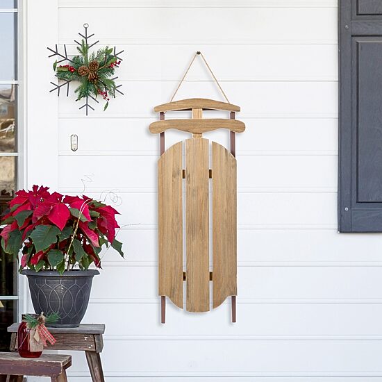 Glitzhome 35"H Wooden Natural Christmas Sleigh Christmas Porch Sign