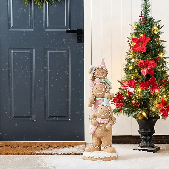 Glitzhome 30"H Christmas Macaron Pink Resin Stacked Gingerbread Man Christmas Tabletop Decor