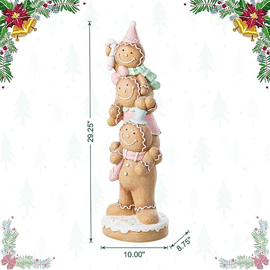 Glitzhome 30"H Christmas Macaron Pink Resin Stacked Gingerbread Man Christmas Tabletop Decor