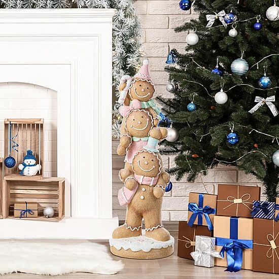 Glitzhome 30"H Christmas Macaron Pink Resin Stacked Gingerbread Man Christmas Tabletop Decor