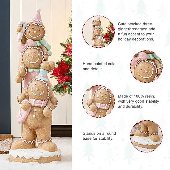 Glitzhome 30"H Christmas Macaron Pink Resin Stacked Gingerbread Man Christmas Tabletop Decor