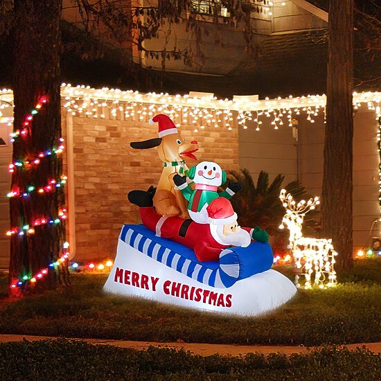 Glitzhome 6ft Lighted Inflatable Skiing Santa, Snowman And Dog Christmas Inflatable
