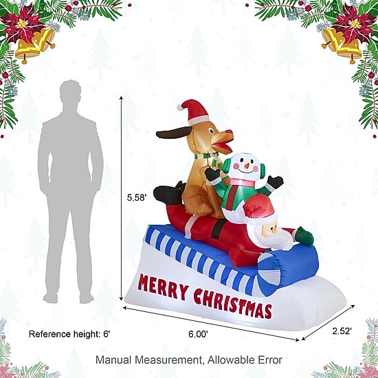 Glitzhome 6ft Lighted Inflatable Skiing Santa, Snowman And Dog Christmas Inflatable