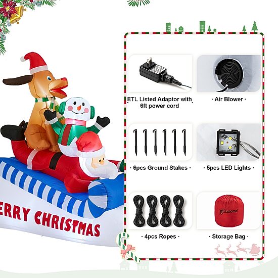 Glitzhome 6ft Lighted Inflatable Skiing Santa, Snowman And Dog Christmas Inflatable