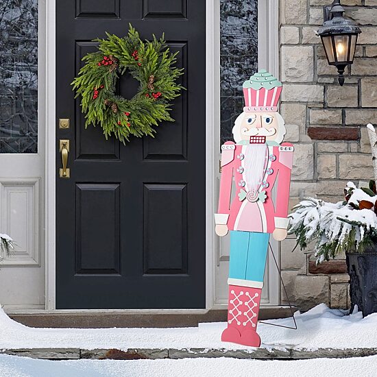 Glitzhome 60"H Christmas Wooden Pink Nutcracker Christmas Porch Sign