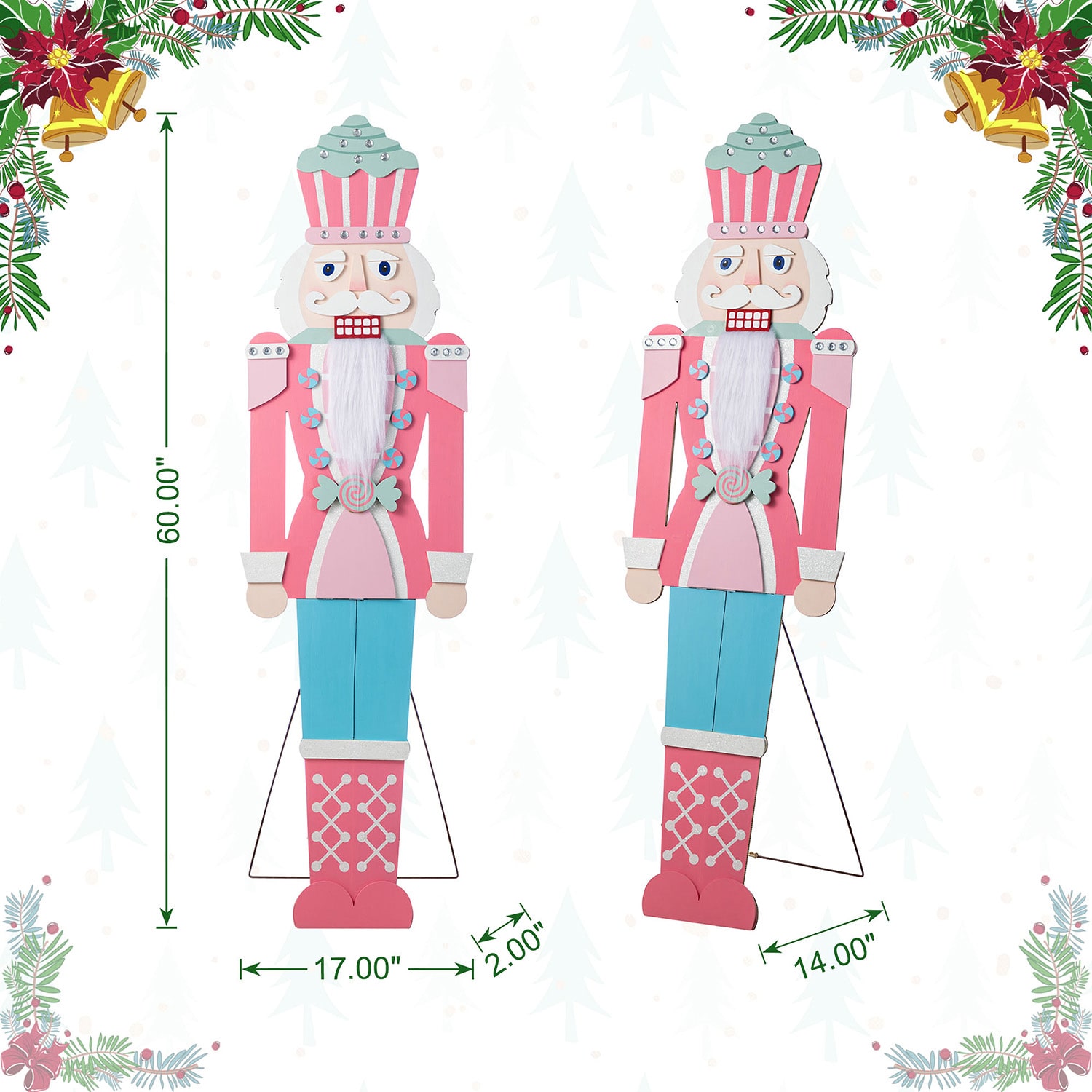 Glitzhome 60"H Christmas Wooden Pink Nutcracker Christmas Porch Sign