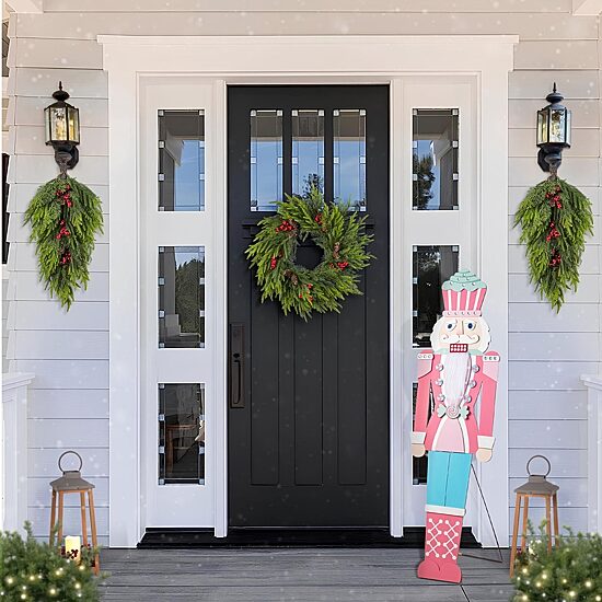 Glitzhome 60"H Christmas Wooden Pink Nutcracker Christmas Porch Sign