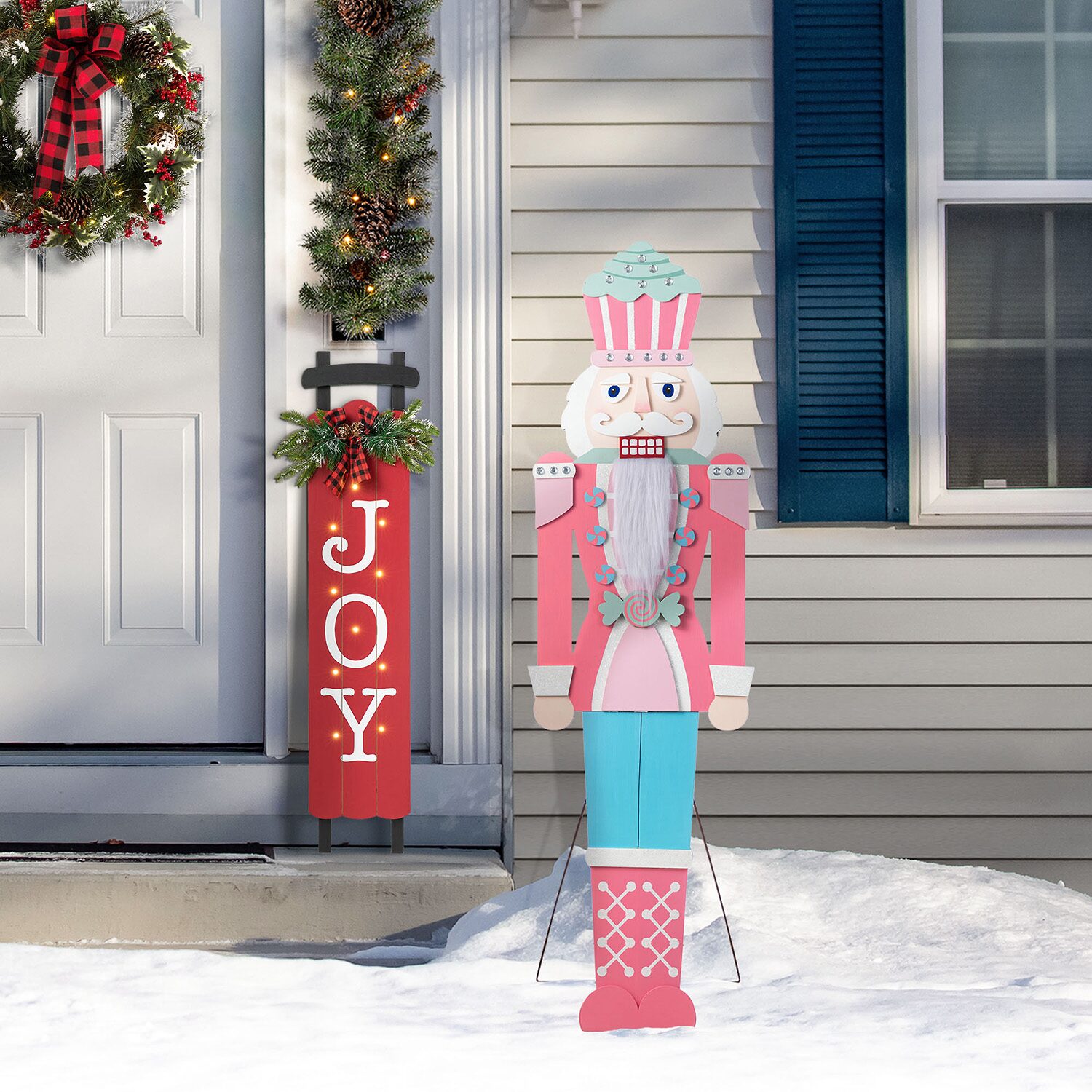 Glitzhome 60"H Christmas Wooden Pink Nutcracker Christmas Porch Sign