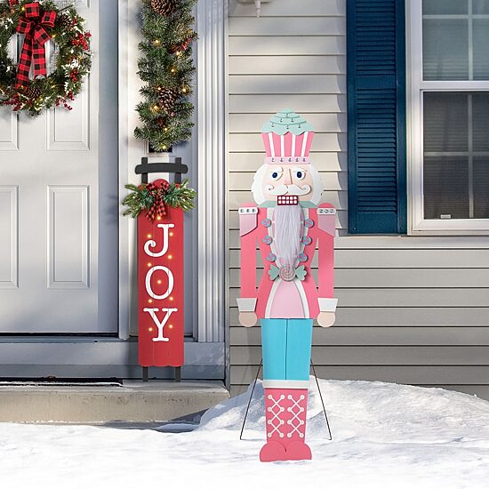 Glitzhome 60"H Christmas Wooden Pink Nutcracker Christmas Porch Sign
