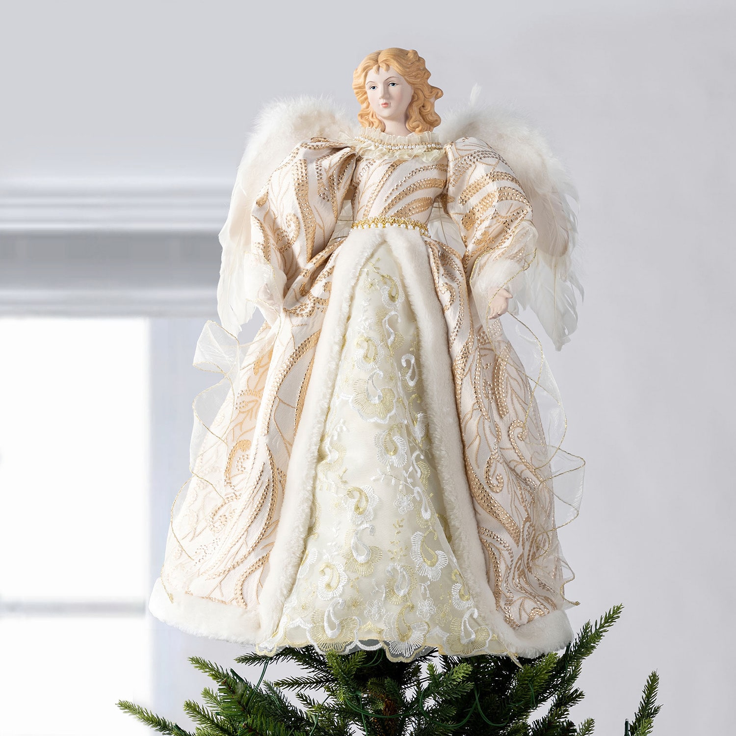 Glitzhome 24" H Faux Fur & Pvc Christmas Elegant  Angel Tree Topper Christmas Figurine