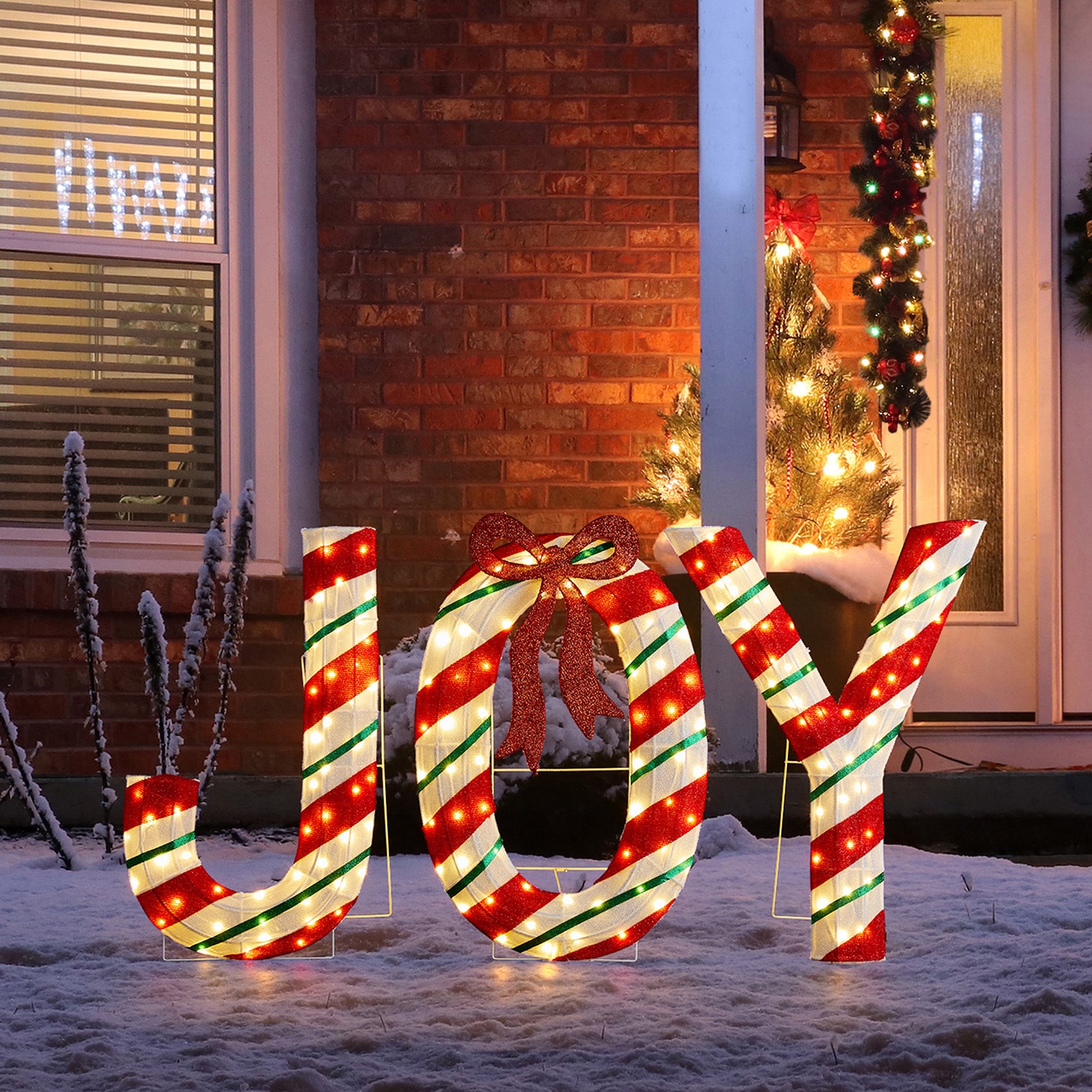 Glitzhome Lighted Christmas 2.5d Fabric Peppermint Joy Outdoor Christmas Tabletop Decor